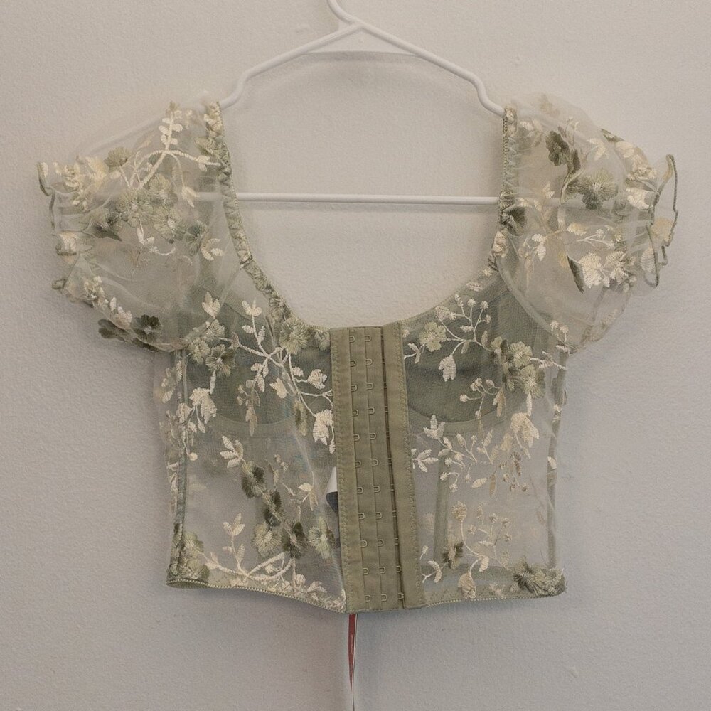 Sheer Floral Embroidered Mesh Crop Top | Size S | Sage Green Puff Sleeve | NWT - Picture 3 of 4
